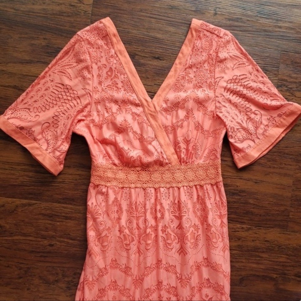 Farm Rio Anthropologie coral Devore lace maxi/ midi dress size small - Picture 2 of 10